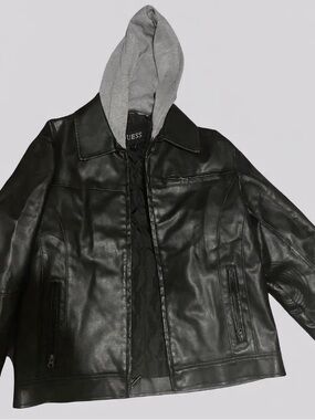 GUESS Black Leather Bomber Jacket with Gray Hooded Insert